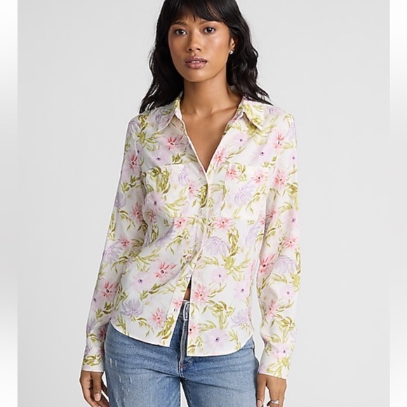 Express White Flowered Fitted Long Sleeve Button Down Shirt - Picture 1 of 4